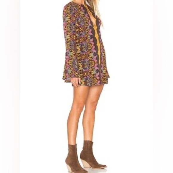 FREE PEOPLE Ossie Vibes Dress Boho Tunic Bell Sleeves Gold Brown Blue Sz 6 - Picture 3 of 13